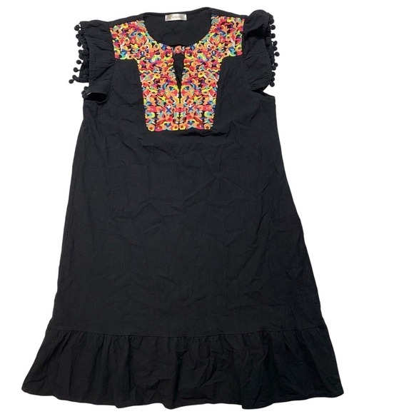 kirundo Dresses & Skirts - Kirundo Embroidered Boho Dress Womens Small Black Pom Pom Flutter Sleeve Ruffle